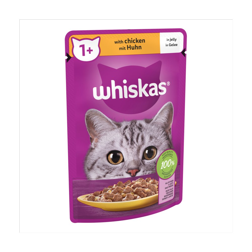 Whiskas 1+ Adult Wet Cat Food Pouches in Jelly with Chicken 85g (Pack of 14)